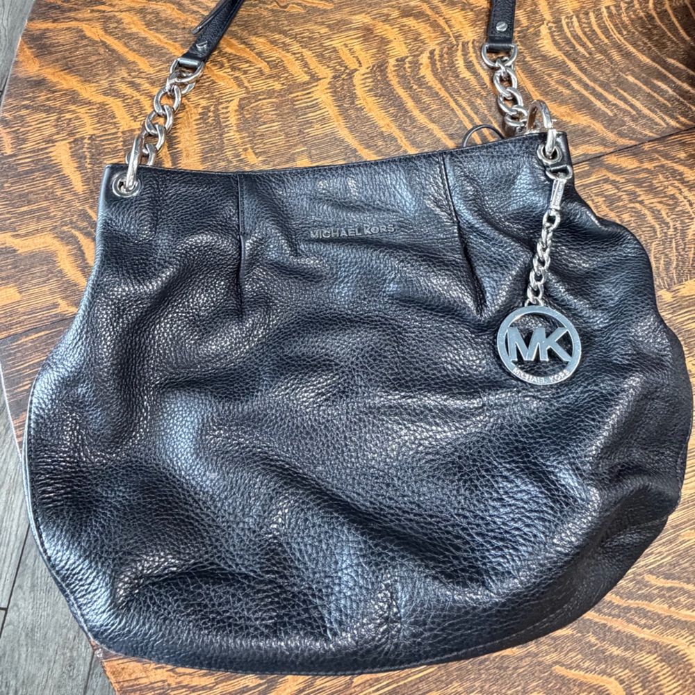 Michael Kors Black Pebbled Leather Chain-Accent Shoulder Bag